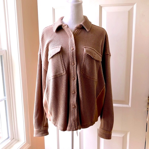 Aerie Women’s Textured Waffle Shirt Long Sleeve Brown & Cream Size Oversized XXS - Picture 2 of 16